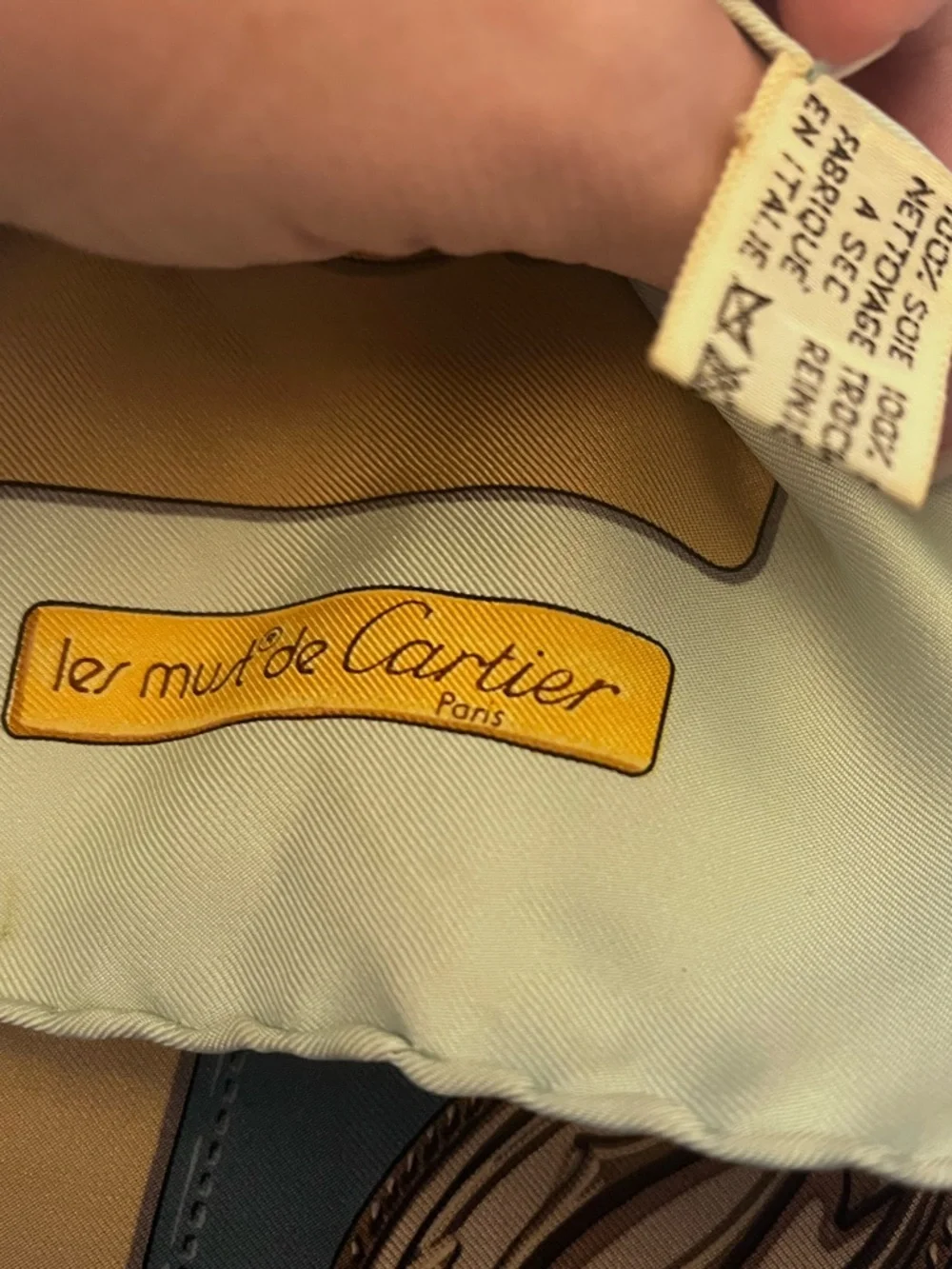 Cartier Silk Scarf in Dusty Blue & Gold Authentic very large wrap. Vintage silk
